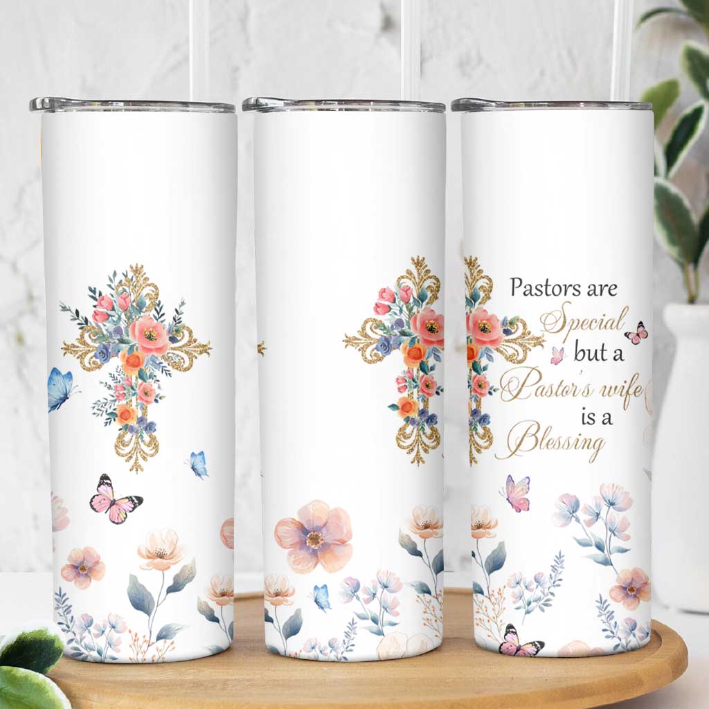 Blessed Pastor’s Wife Skinny Tumbler Christian Botanical Floral Cross Religious Pastor Appreciation