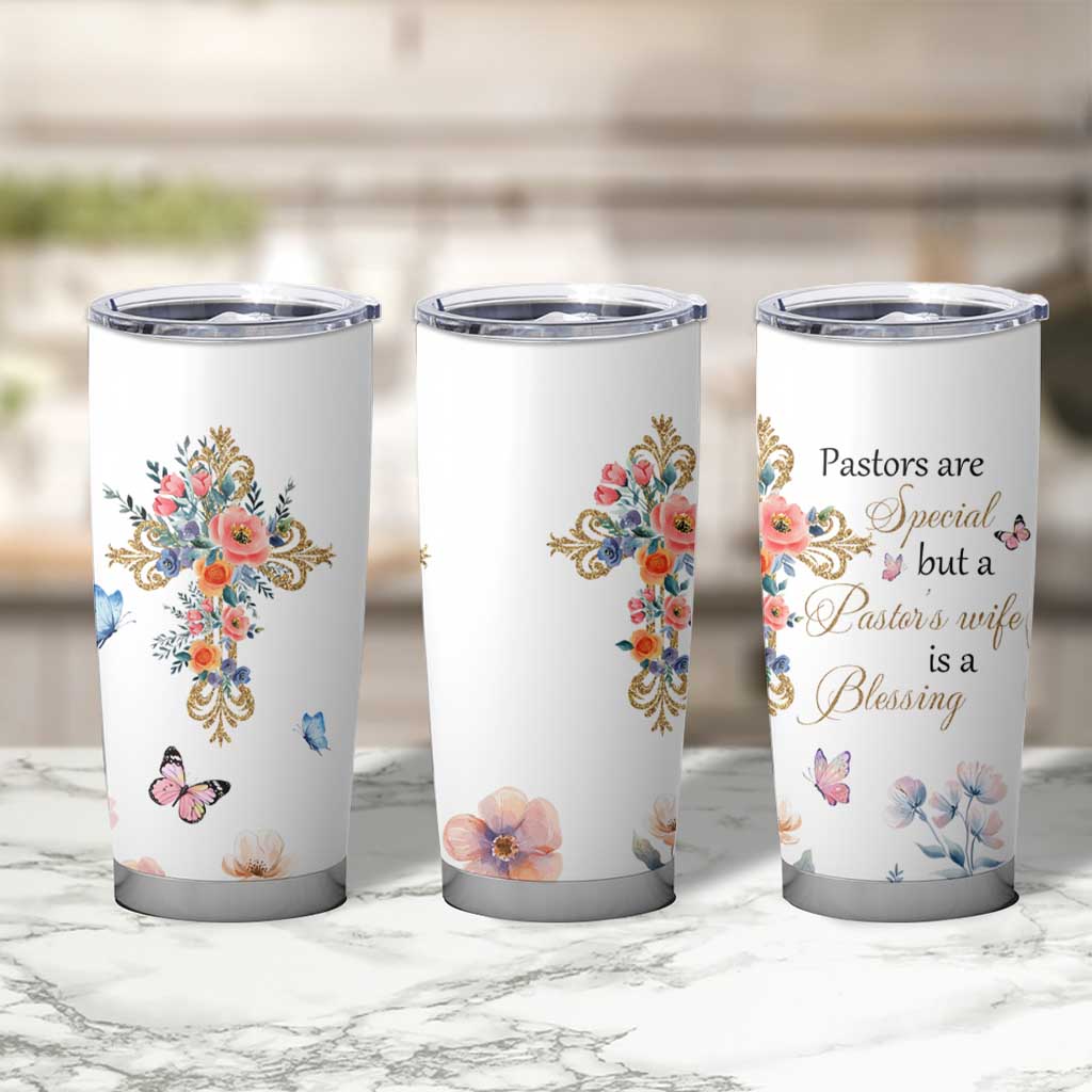 Blessed Pastor’s Wife Tumbler Cup Christian Botanical Floral Cross Religious Pastor Appreciation