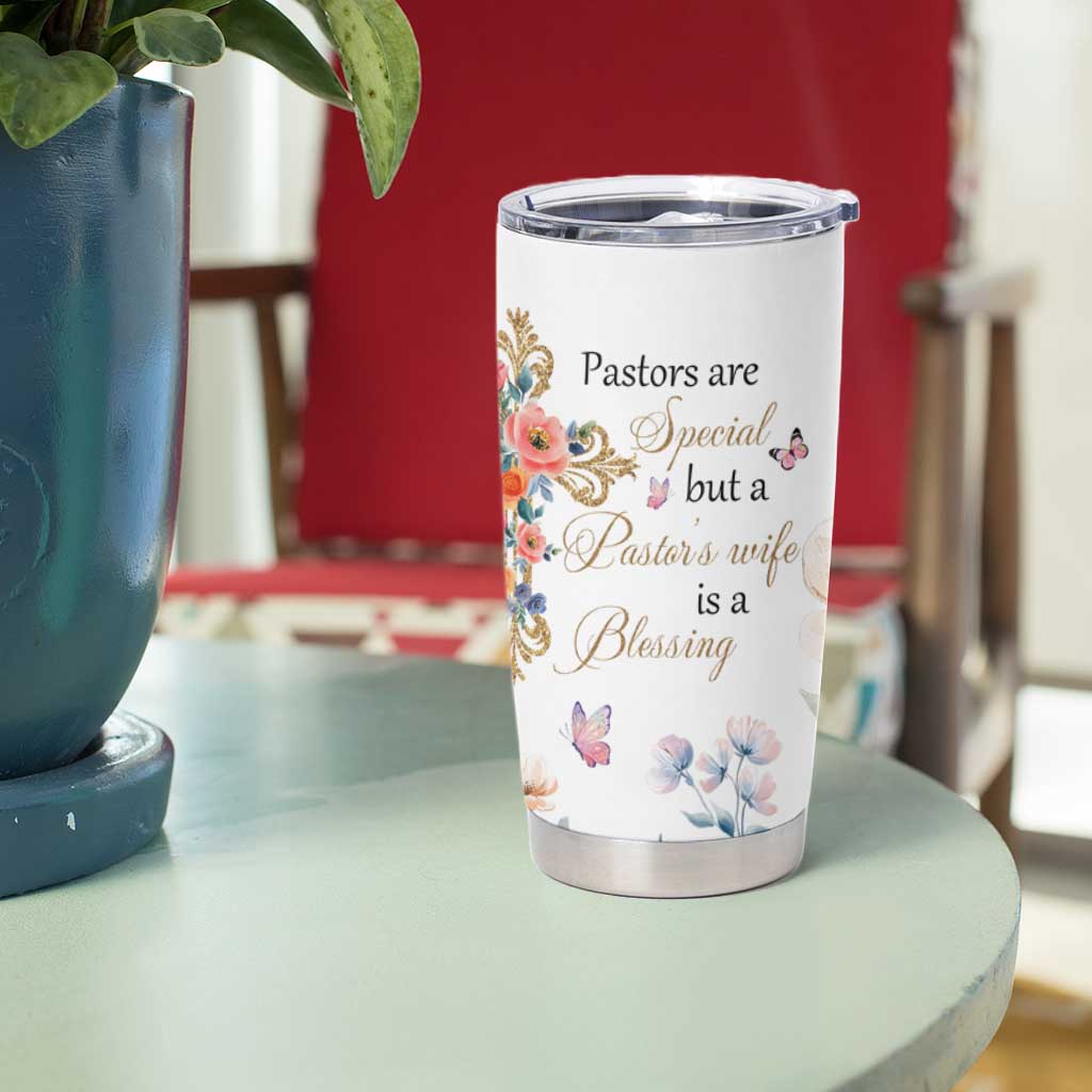 Blessed Pastor’s Wife Tumbler Cup Christian Botanical Floral Cross Religious Pastor Appreciation