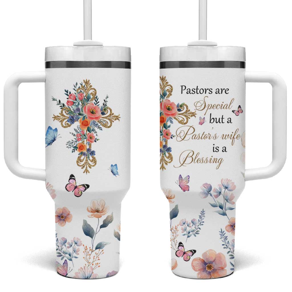 Blessed Pastor’s Wife Tumbler With Handle Christian Botanical Floral Cross Religious Pastor Appreciation