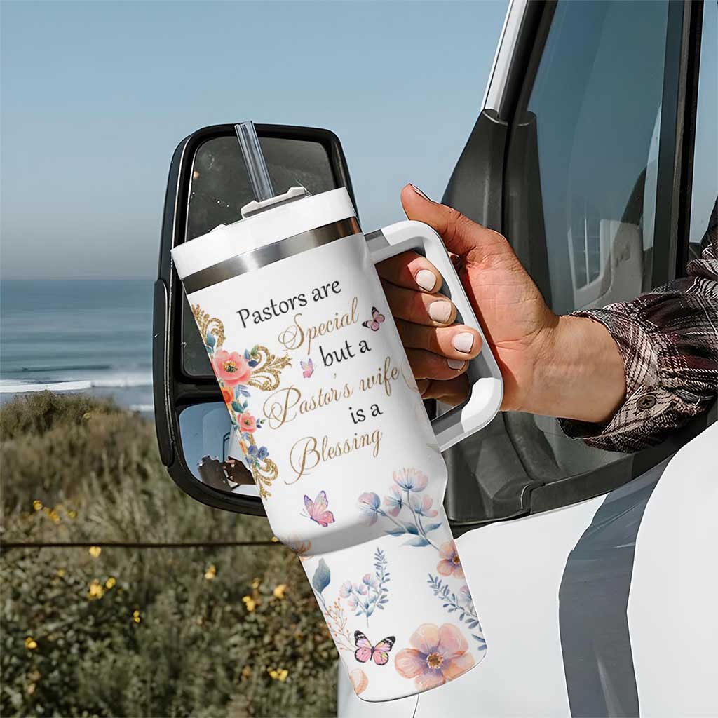 Blessed Pastor’s Wife Tumbler With Handle Christian Botanical Floral Cross Religious Pastor Appreciation