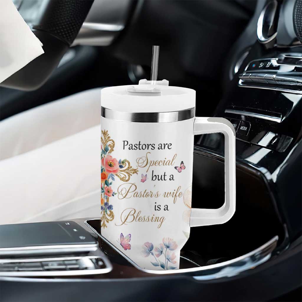 Blessed Pastor’s Wife Tumbler With Handle Christian Botanical Floral Cross Religious Pastor Appreciation