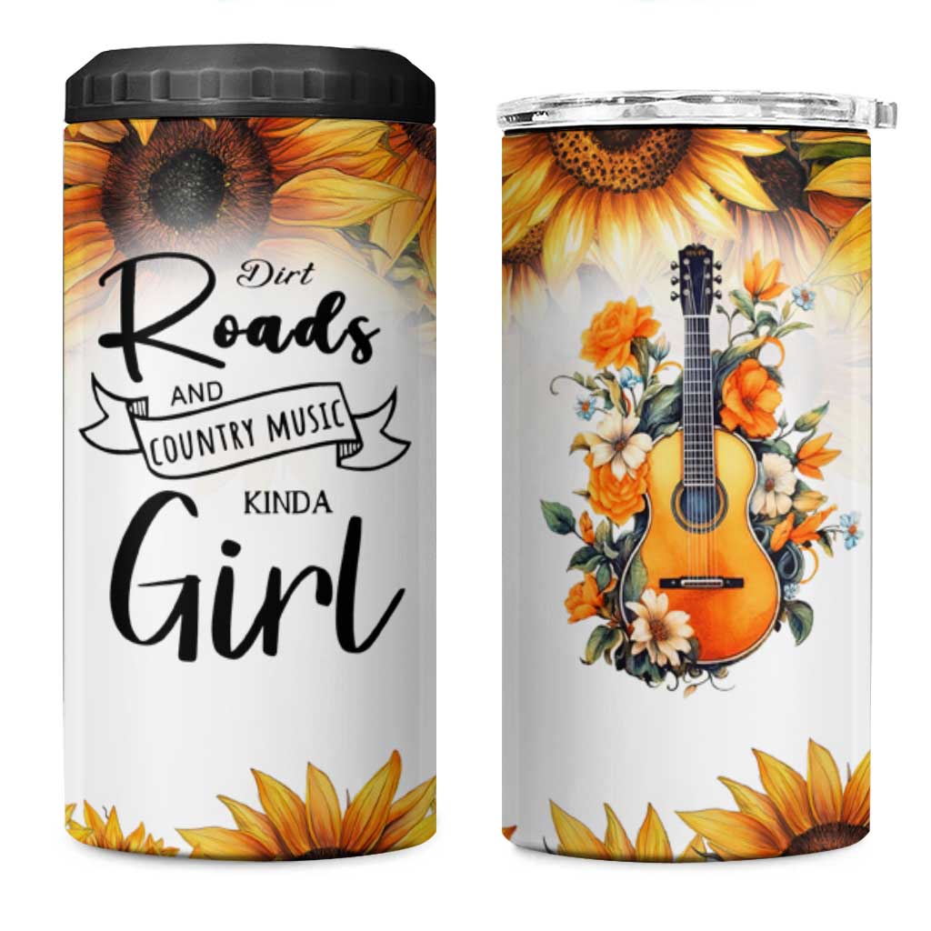 Dirt Roads And Country Music Girl 4 in 1 Can Cooler Tumbler Rustic Sunflower Floral Guitar Southern Cowgirl