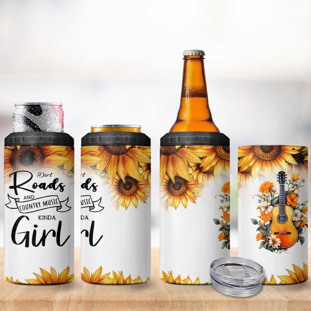 Dirt Roads And Country Music Girl 4 in 1 Can Cooler Tumbler Rustic Sunflower Floral Guitar Southern Cowgirl
