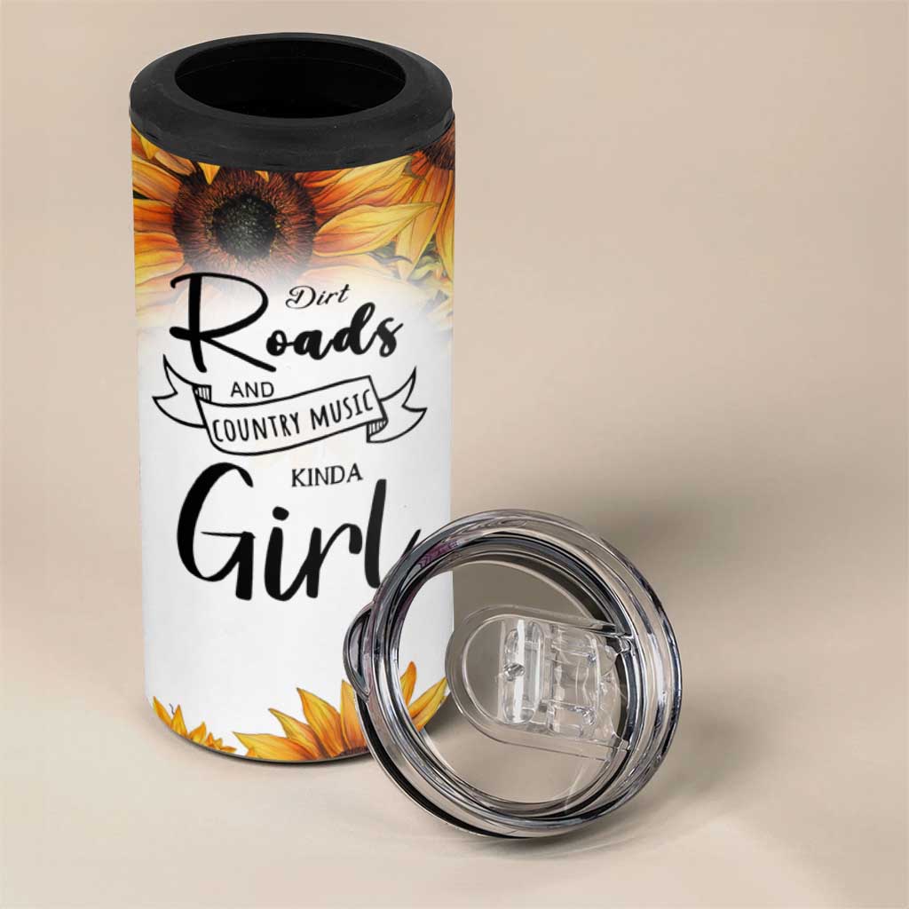 Dirt Roads And Country Music Girl 4 in 1 Can Cooler Tumbler Rustic Sunflower Floral Guitar Southern Cowgirl