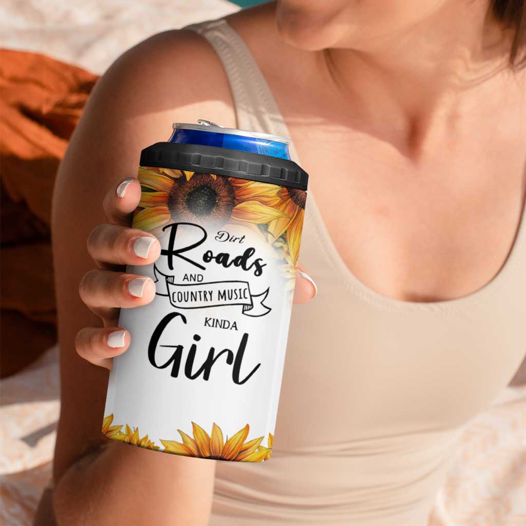 Dirt Roads And Country Music Girl 4 in 1 Can Cooler Tumbler Rustic Sunflower Floral Guitar Southern Cowgirl