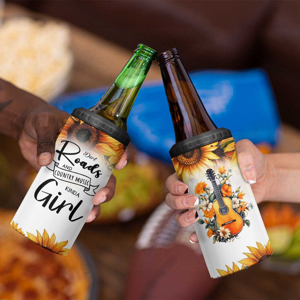 Dirt Roads And Country Music Girl 4 in 1 Can Cooler Tumbler Rustic Sunflower Floral Guitar Southern Cowgirl