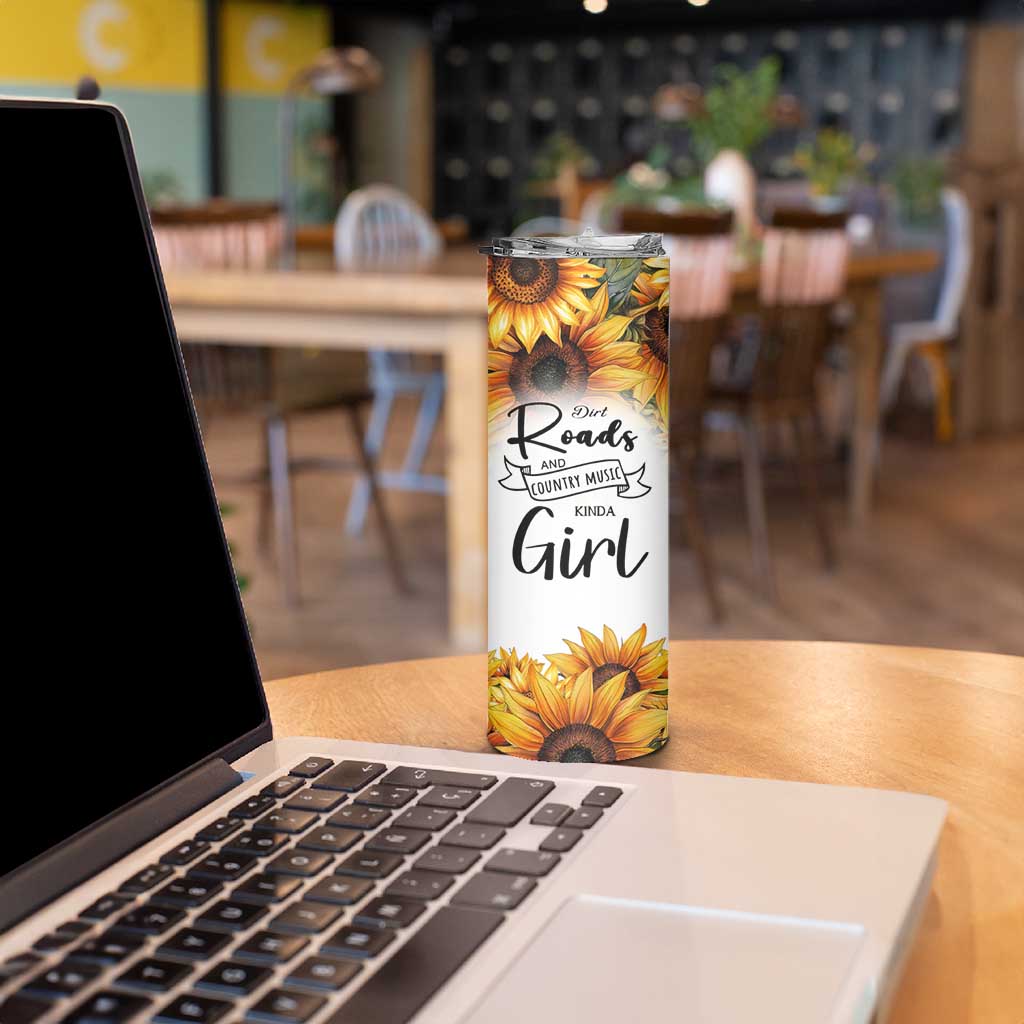 Dirt Roads And Country Music Girl Skinny Tumbler Rustic Sunflower Floral Guitar Southern Cowgirl