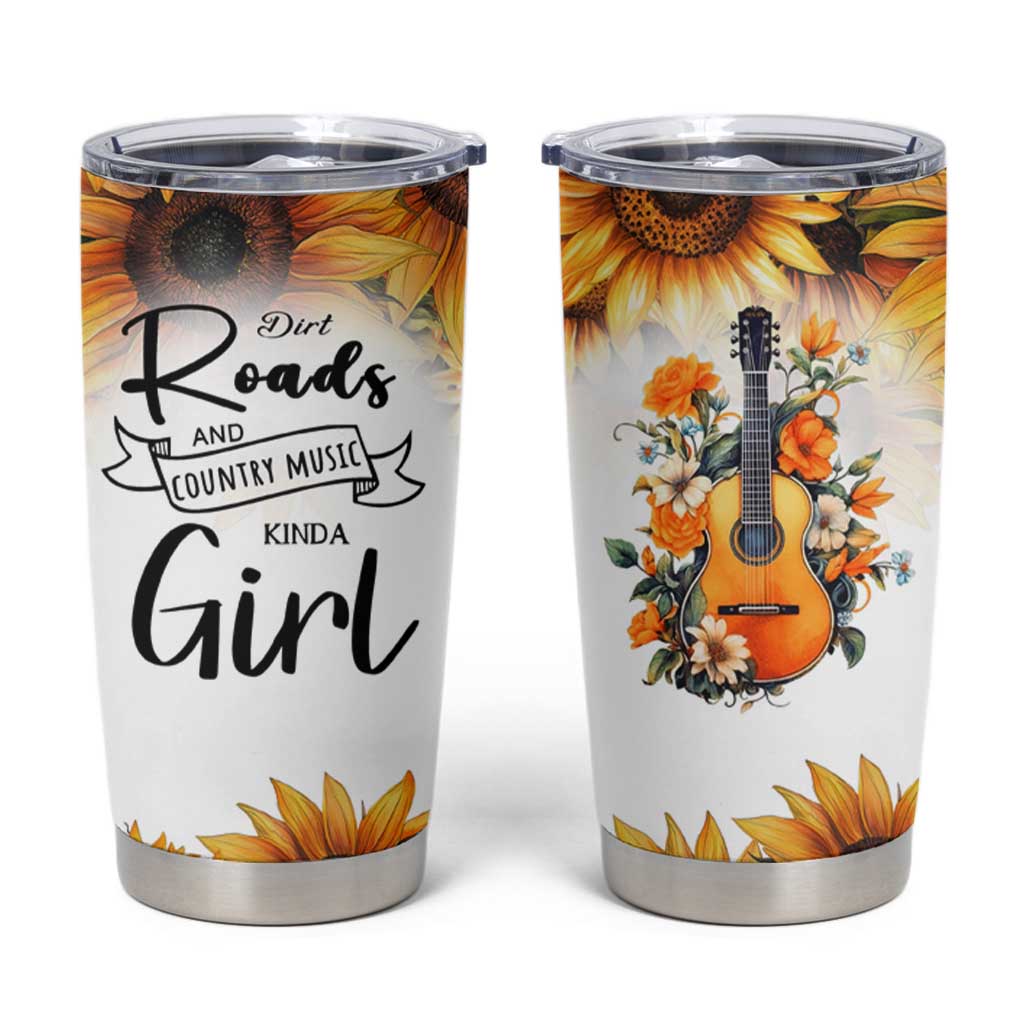 Dirt Roads And Country Music Girl Tumbler Cup Rustic Sunflower Floral Guitar Southern Cowgirl