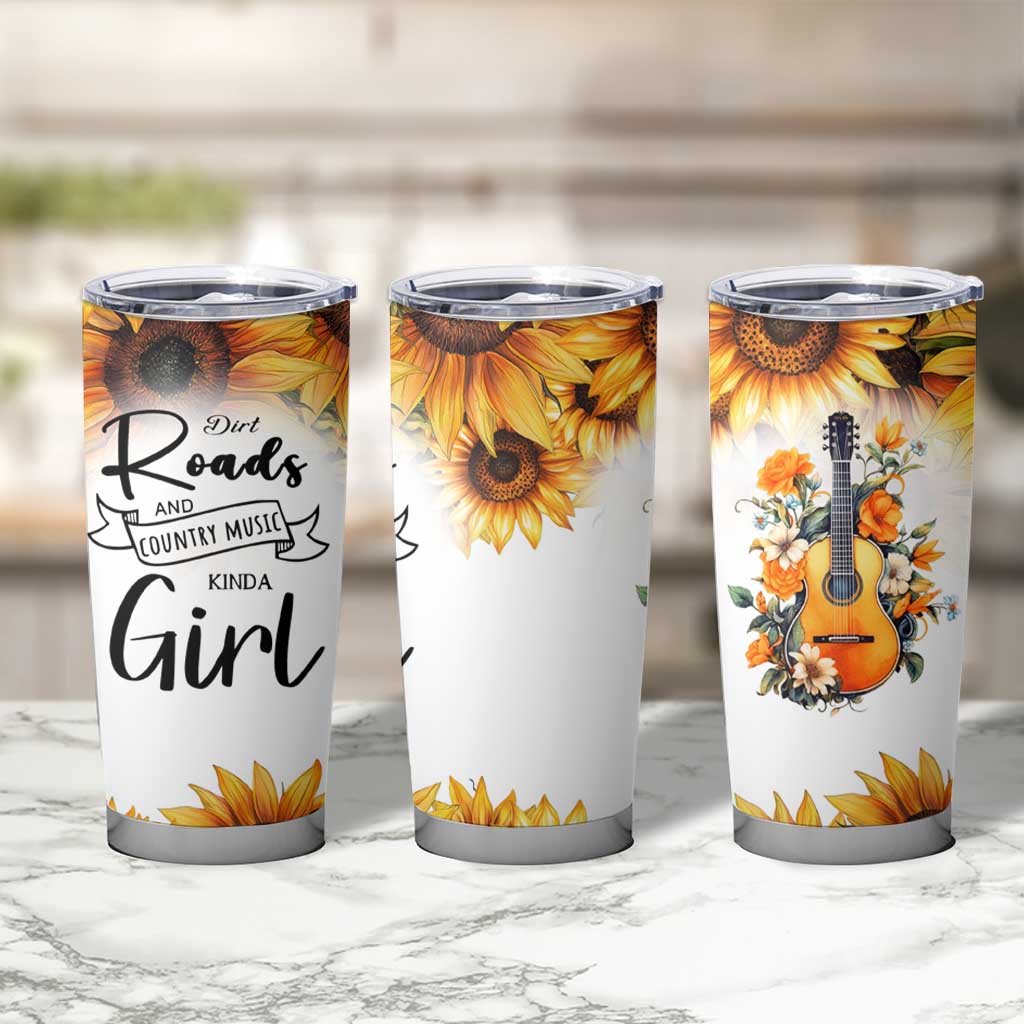 Dirt Roads And Country Music Girl Tumbler Cup Rustic Sunflower Floral Guitar Southern Cowgirl