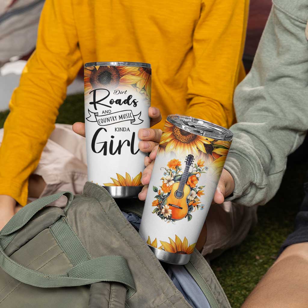Dirt Roads And Country Music Girl Tumbler Cup Rustic Sunflower Floral Guitar Southern Cowgirl