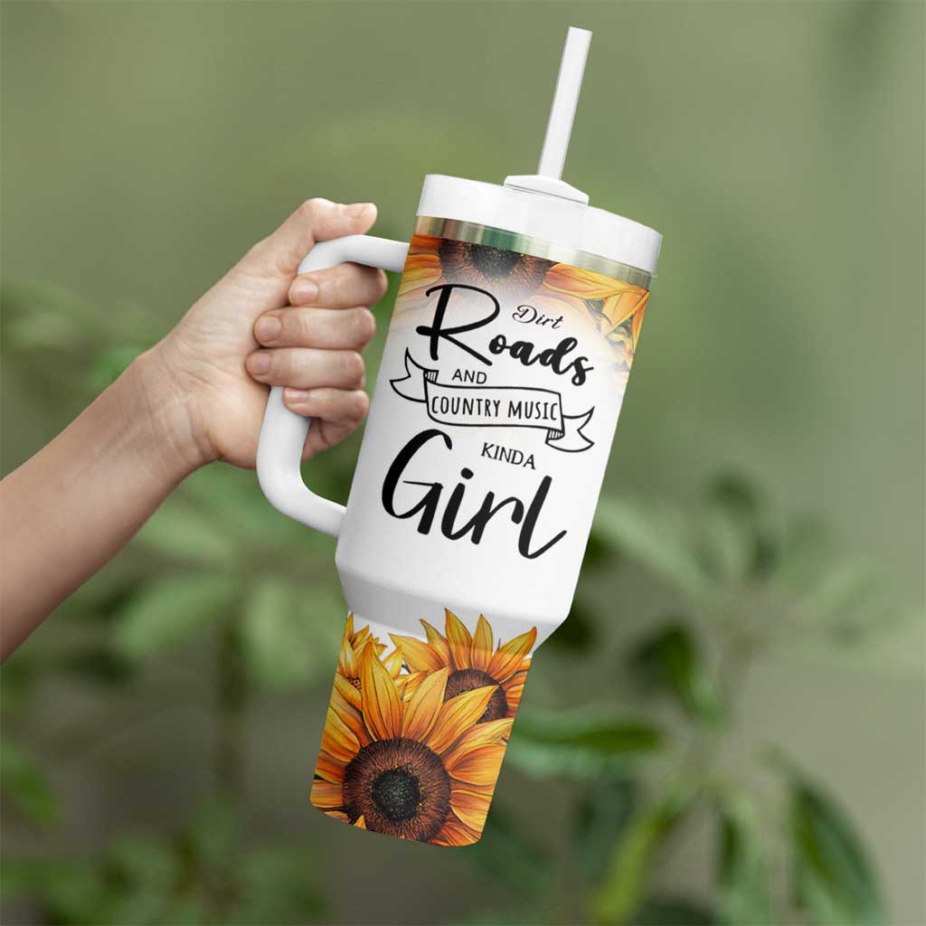 Dirt Roads And Country Music Girl Tumbler With Handle Rustic Sunflower Floral Guitar Southern Cowgirl