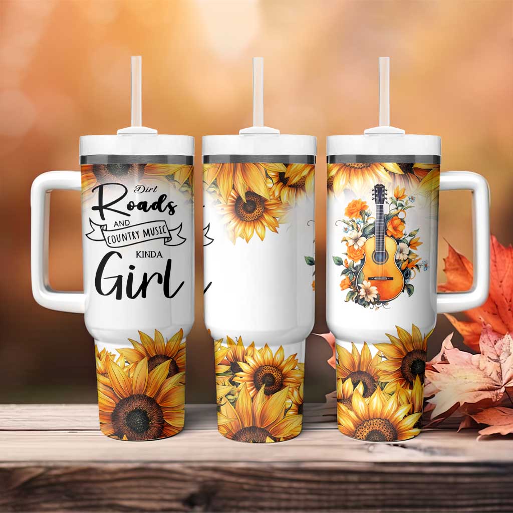 Dirt Roads And Country Music Girl Tumbler With Handle Rustic Sunflower Floral Guitar Southern Cowgirl