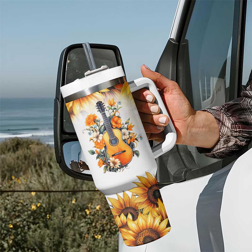 Dirt Roads And Country Music Girl Tumbler With Handle Rustic Sunflower Floral Guitar Southern Cowgirl