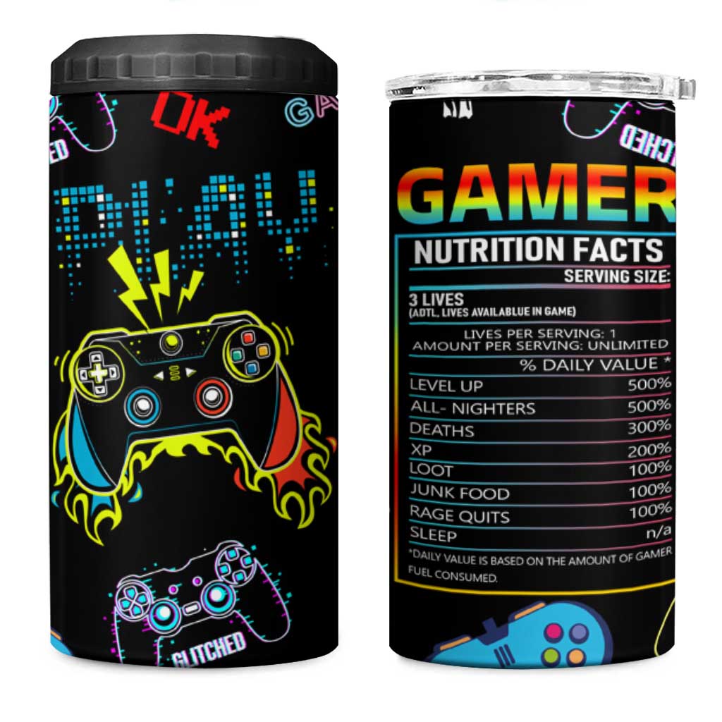 Gamer Nutrition Facts 4 in 1 Can Cooler Tumbler Video Game Controller Funny Gaming Gift