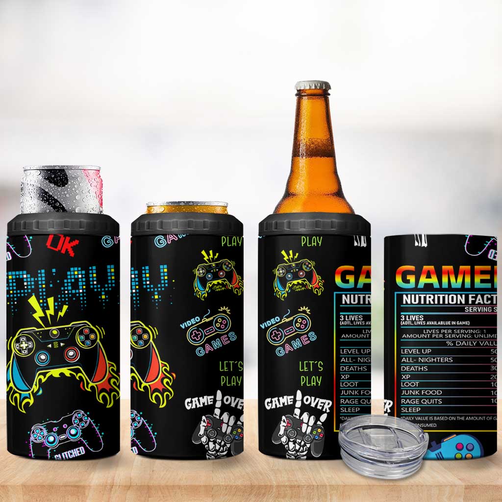 Gamer Nutrition Facts 4 in 1 Can Cooler Tumbler Video Game Controller Funny Gaming Gift
