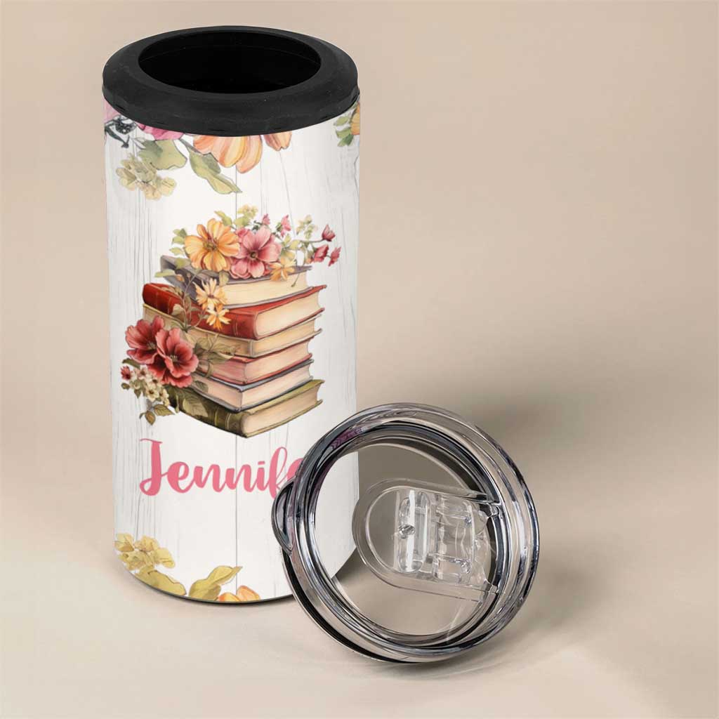 Personalized Book Lover 4 in 1 Can Cooler Tumbler Custom Name Floral Just A Girl Who Loves Books Bibliophile Gift
