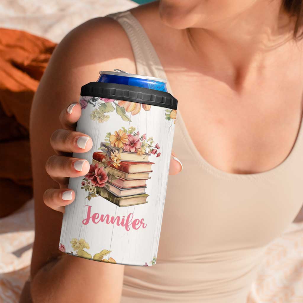 Personalized Book Lover 4 in 1 Can Cooler Tumbler Custom Name Floral Just A Girl Who Loves Books Bibliophile Gift