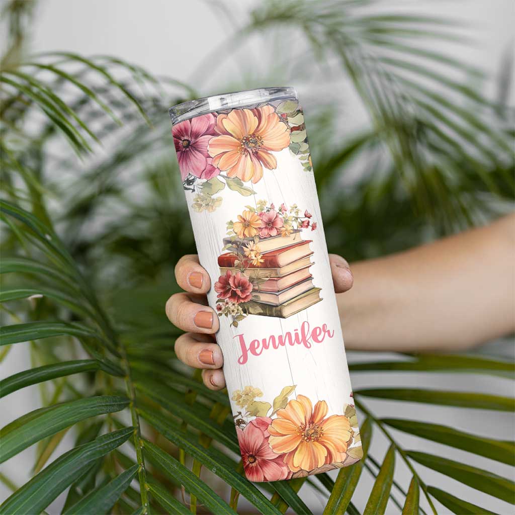 Personalized Book Lover Skinny Tumbler Custom Name Floral Just A Girl Who Loves Books Bibliophile Gift