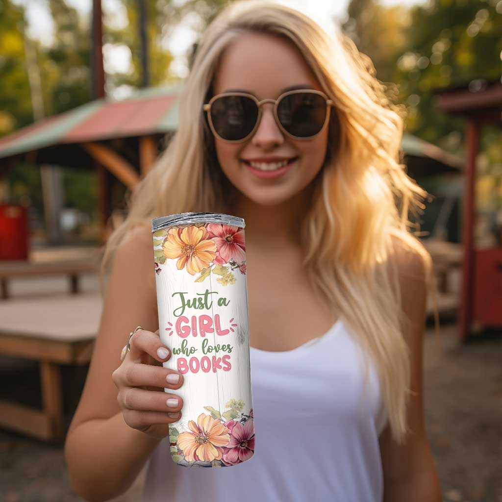 Personalized Book Lover Skinny Tumbler Custom Name Floral Just A Girl Who Loves Books Bibliophile Gift