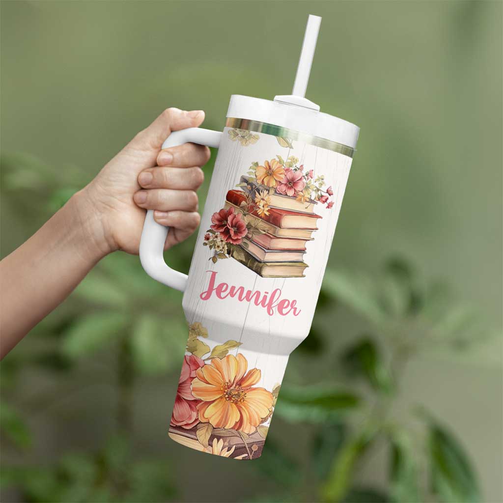 Personalized Book Lover Tumbler With Handle Custom Name Floral Just A Girl Who Loves Books Bibliophile Gift