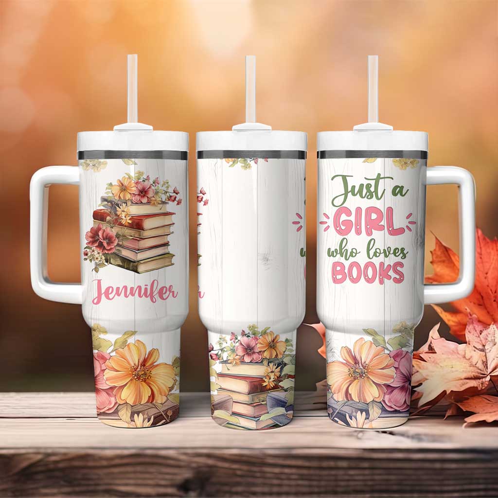 Personalized Book Lover Tumbler With Handle Custom Name Floral Just A Girl Who Loves Books Bibliophile Gift