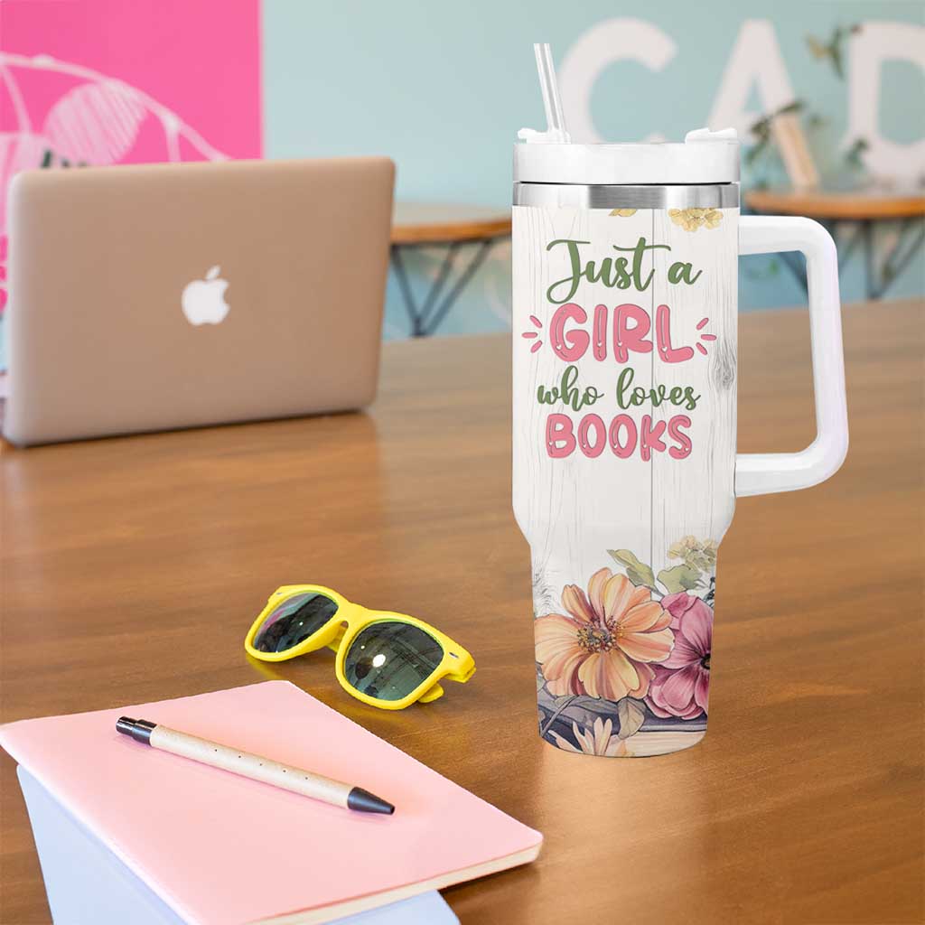 Personalized Book Lover Tumbler With Handle Custom Name Floral Just A Girl Who Loves Books Bibliophile Gift