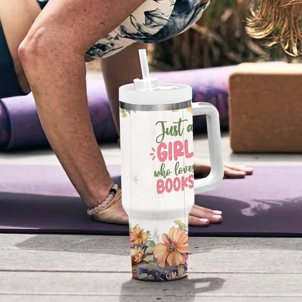 Personalized Book Lover Tumbler With Handle Custom Name Floral Just A Girl Who Loves Books Bibliophile Gift