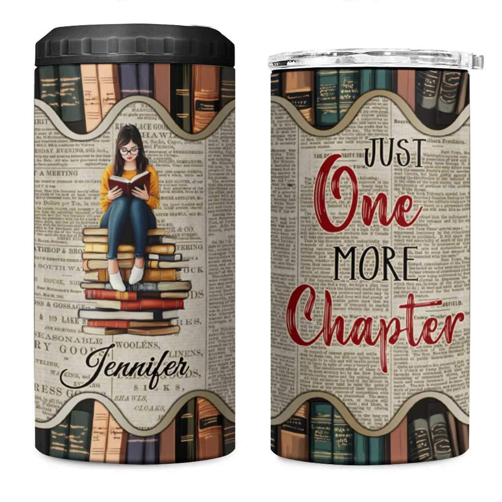 Personalized Book Lover 4 in 1 Can Cooler Tumbler Custom Name Just One More Chapter Bookworm Bibliophile Gift