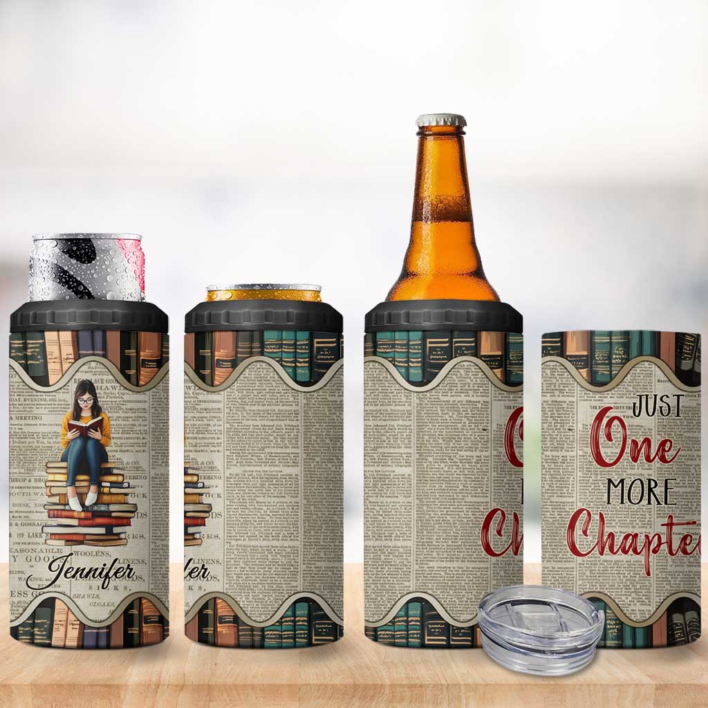 Personalized Book Lover 4 in 1 Can Cooler Tumbler Custom Name Just One More Chapter Bookworm Bibliophile Gift