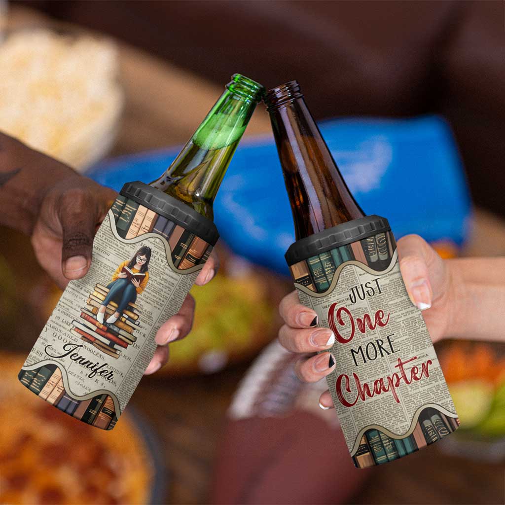 Personalized Book Lover 4 in 1 Can Cooler Tumbler Custom Name Just One More Chapter Bookworm Bibliophile Gift