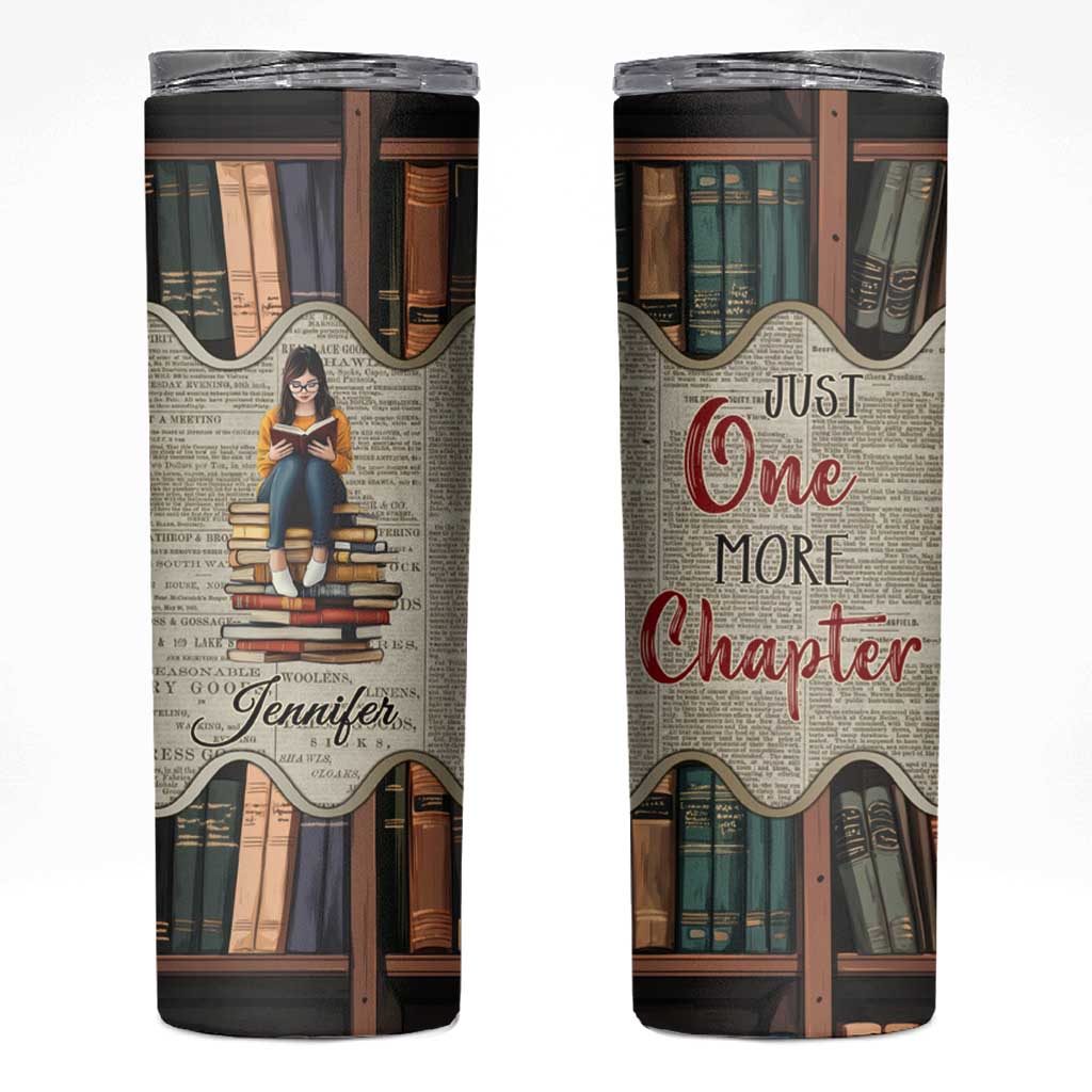Personalized Book Lover Skinny Tumbler Custom Name Just One More Chapter Bookworm Bibliophile Gift