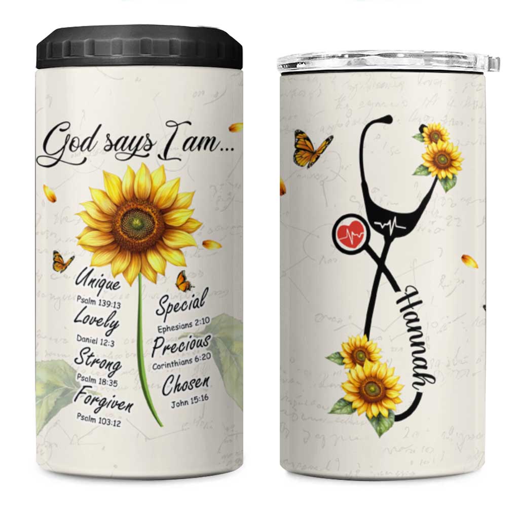 Personalized Nurse Sunflower 4 in 1 Can Cooler Tumbler Custom Name Rn Stethoscope Inspirational Christian Bible Verse Scripture