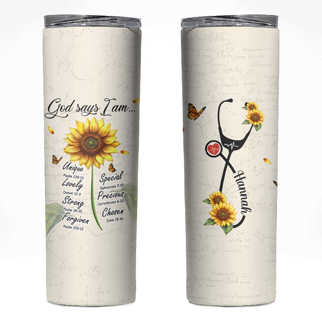 Personalized Nurse Sunflower Skinny Tumbler Custom Name Rn Stethoscope Inspirational Christian Bible Verse Scripture