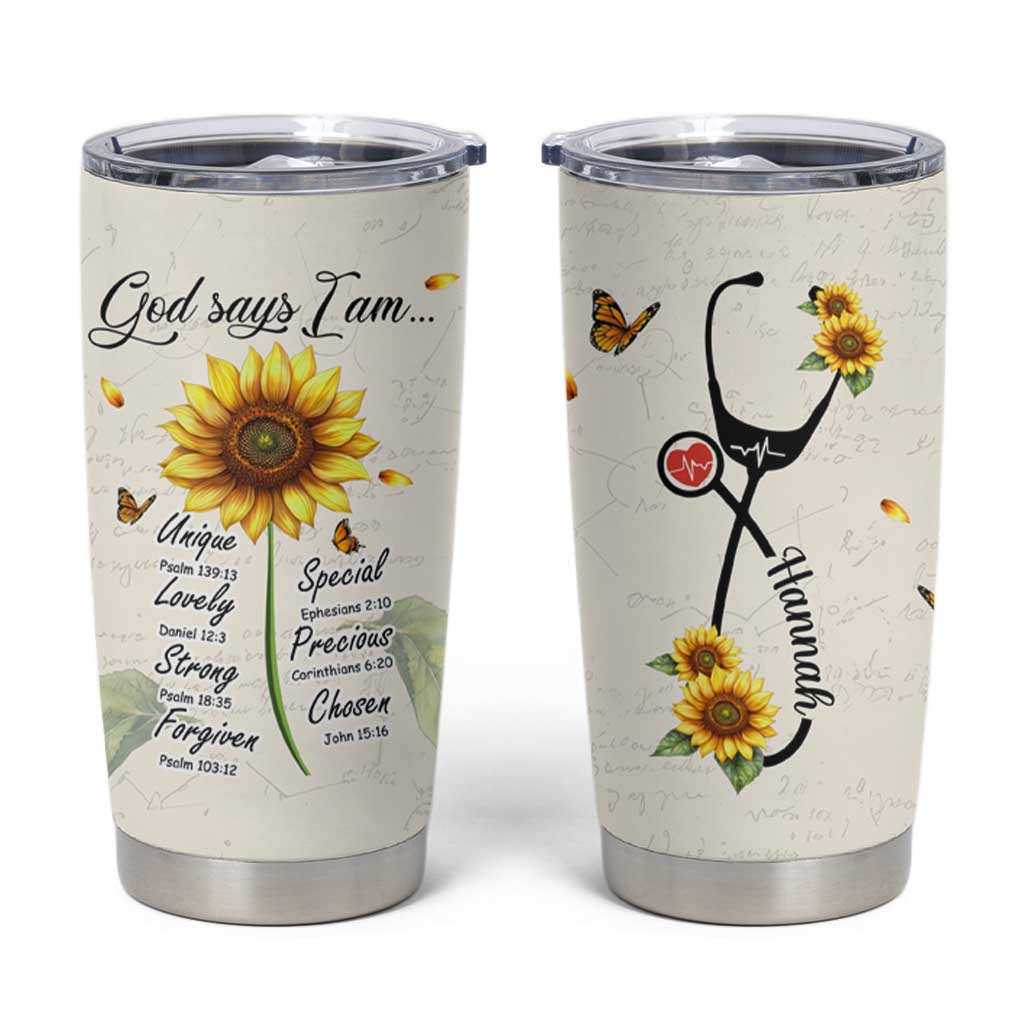 Personalized Nurse Sunflower Tumbler Cup Custom Name Rn Stethoscope Inspirational Christian Bible Verse Scripture