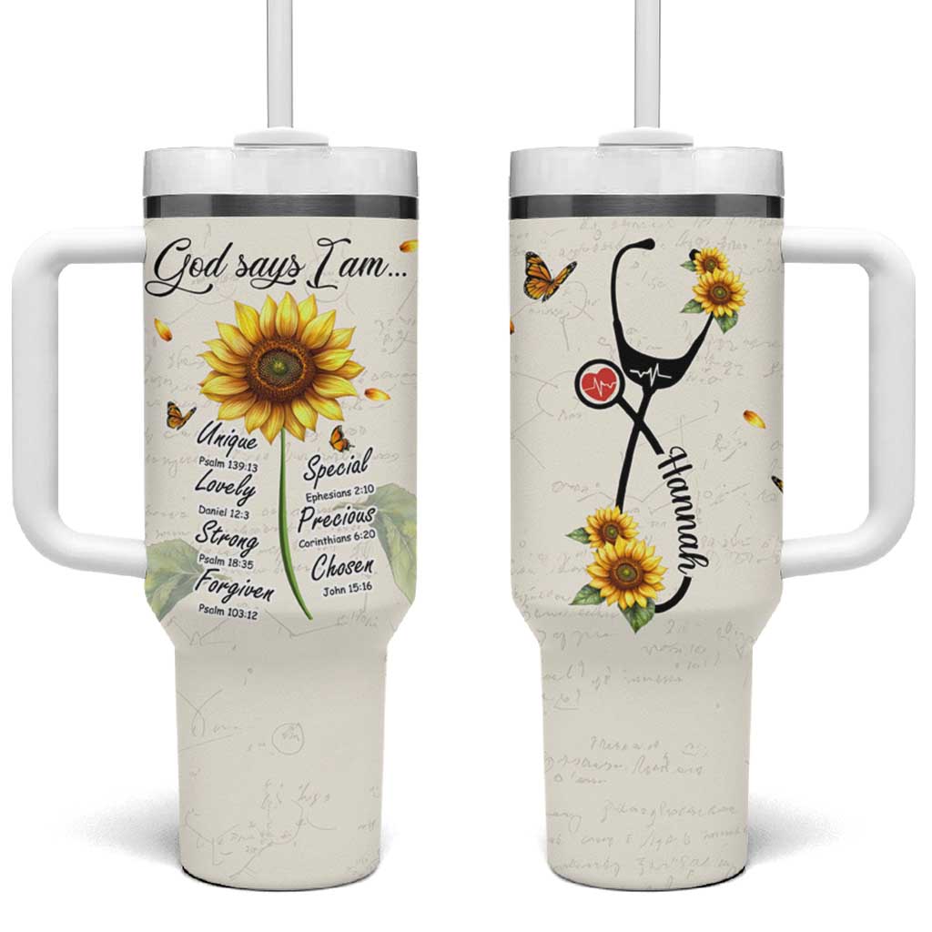 Personalized Nurse Sunflower Tumbler With Handle Custom Name Rn Stethoscope Inspirational Christian Bible Verse Scripture