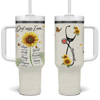 Personalized Nurse Sunflower Tumbler With Handle Custom Name Rn Stethoscope Inspirational Christian Bible Verse Scripture