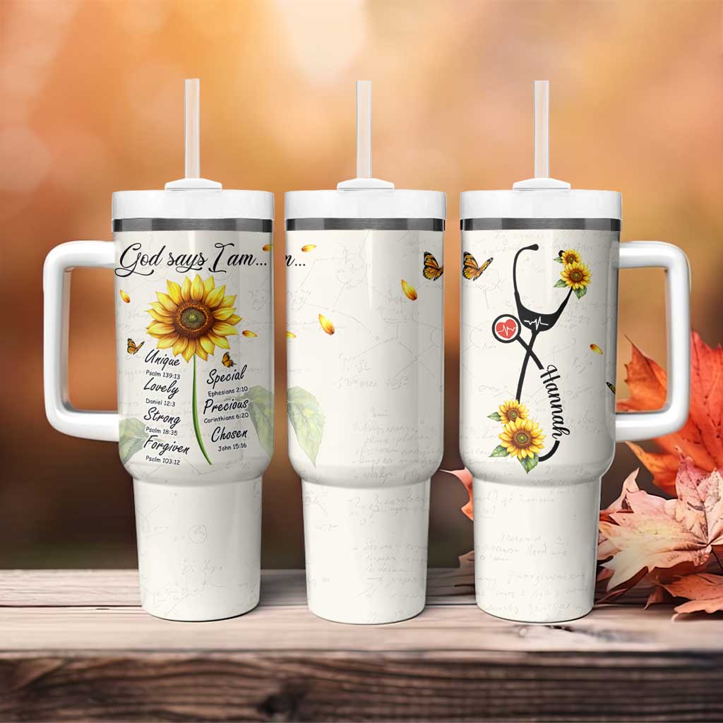Personalized Nurse Sunflower Tumbler With Handle Custom Name Rn Stethoscope Inspirational Christian Bible Verse Scripture