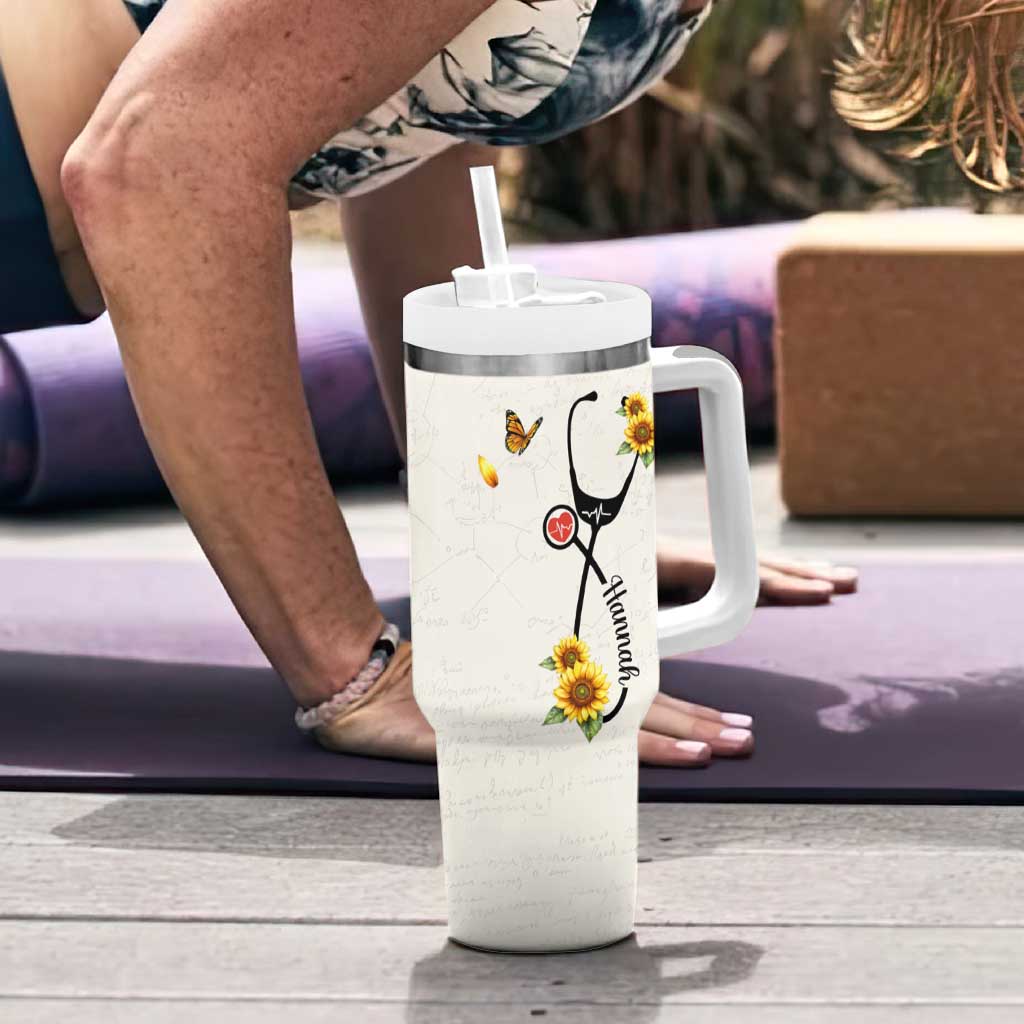 Personalized Nurse Sunflower Tumbler With Handle Custom Name Rn Stethoscope Inspirational Christian Bible Verse Scripture