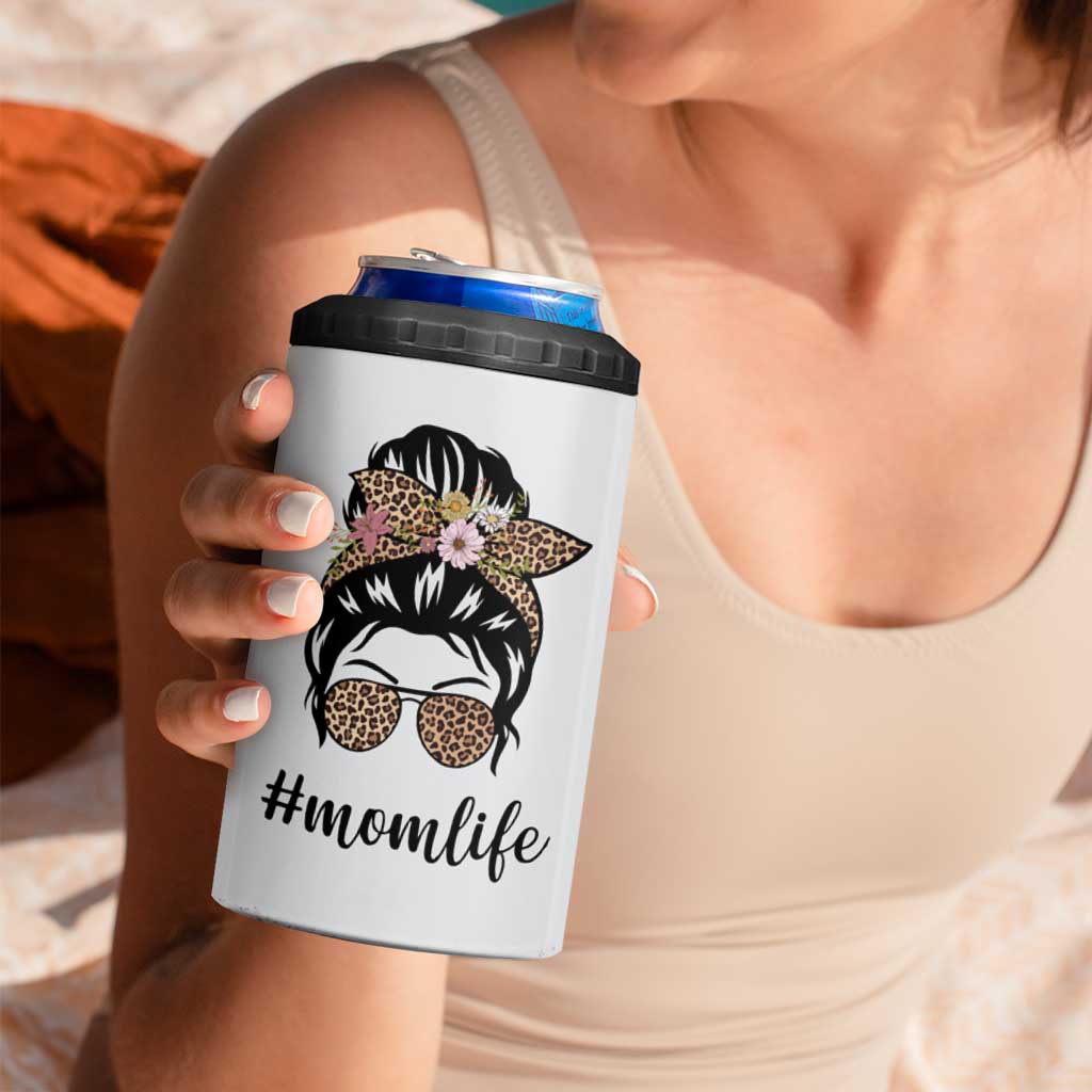 Funny Mom Life 4 in 1 Can Cooler Tumbler Mama Mommy Mom Bruh Leopard Messy Bun