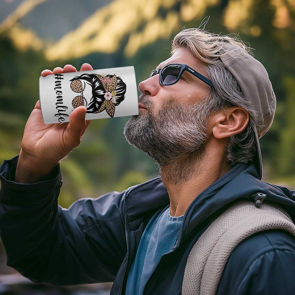 Funny Mom Life 4 in 1 Can Cooler Tumbler Mama Mommy Mom Bruh Leopard Messy Bun