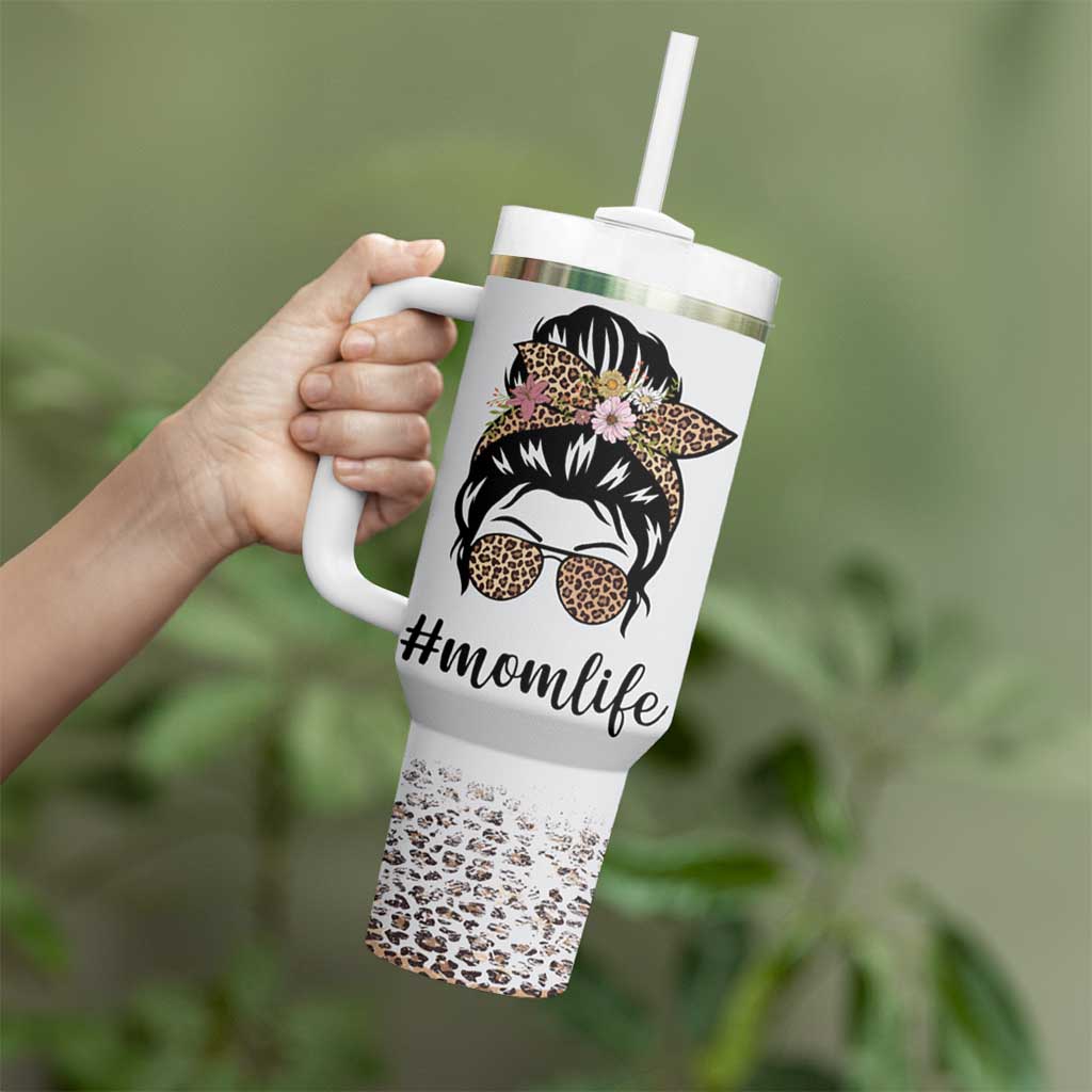 Funny Mom Life Tumbler With Handle Mama Mommy Mom Bruh Leopard Messy Bun