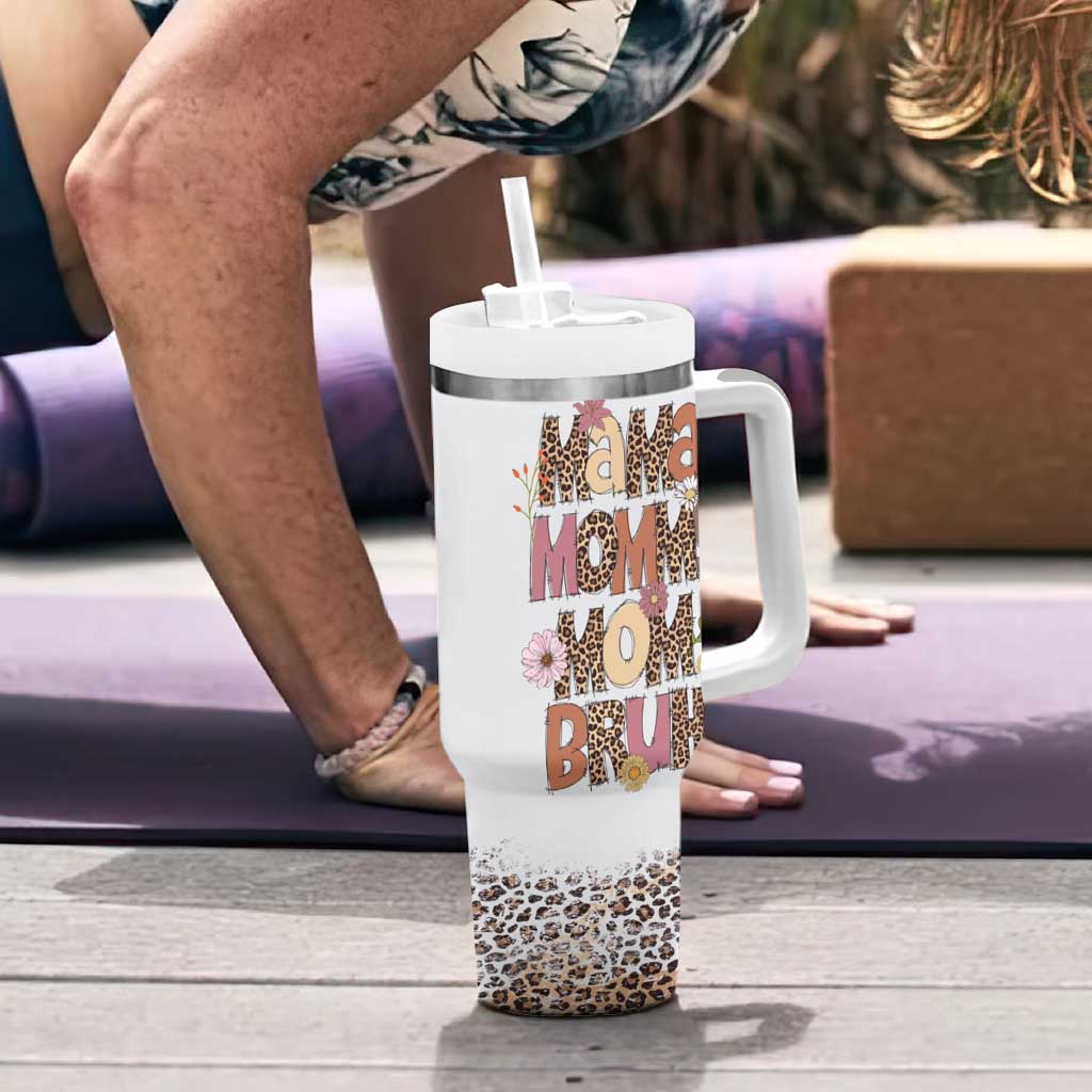 Funny Mom Life Tumbler With Handle Mama Mommy Mom Bruh Leopard Messy Bun
