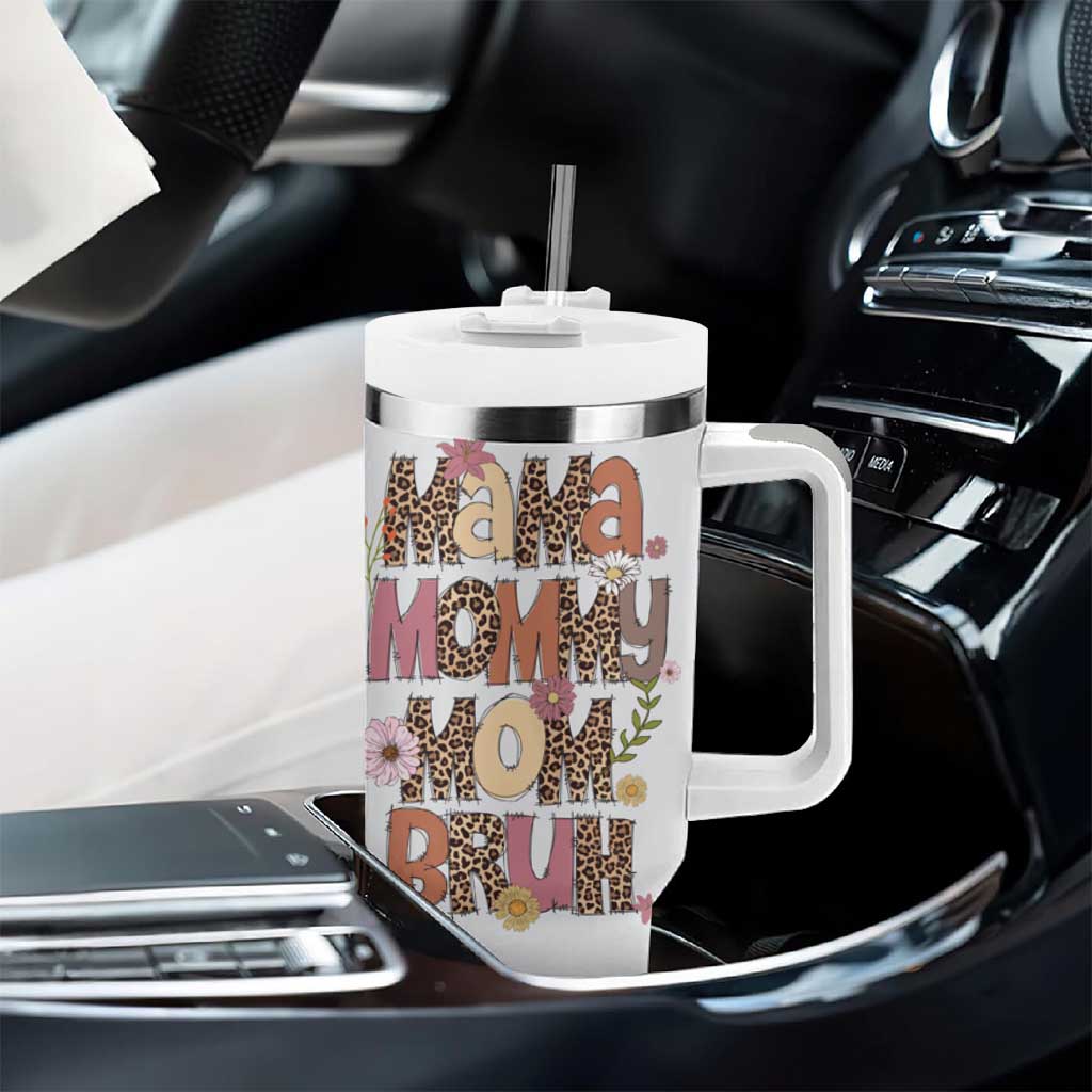 Funny Mom Life Tumbler With Handle Mama Mommy Mom Bruh Leopard Messy Bun