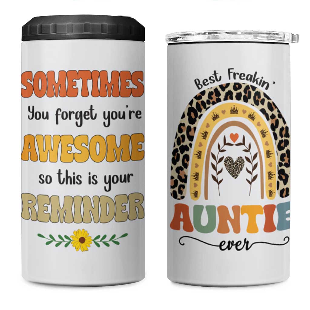 Best Freakin Auntie Ever 4 in 1 Can Cooler Tumbler Funny Aunt Reminder You're Awesome Leopard Rainbow