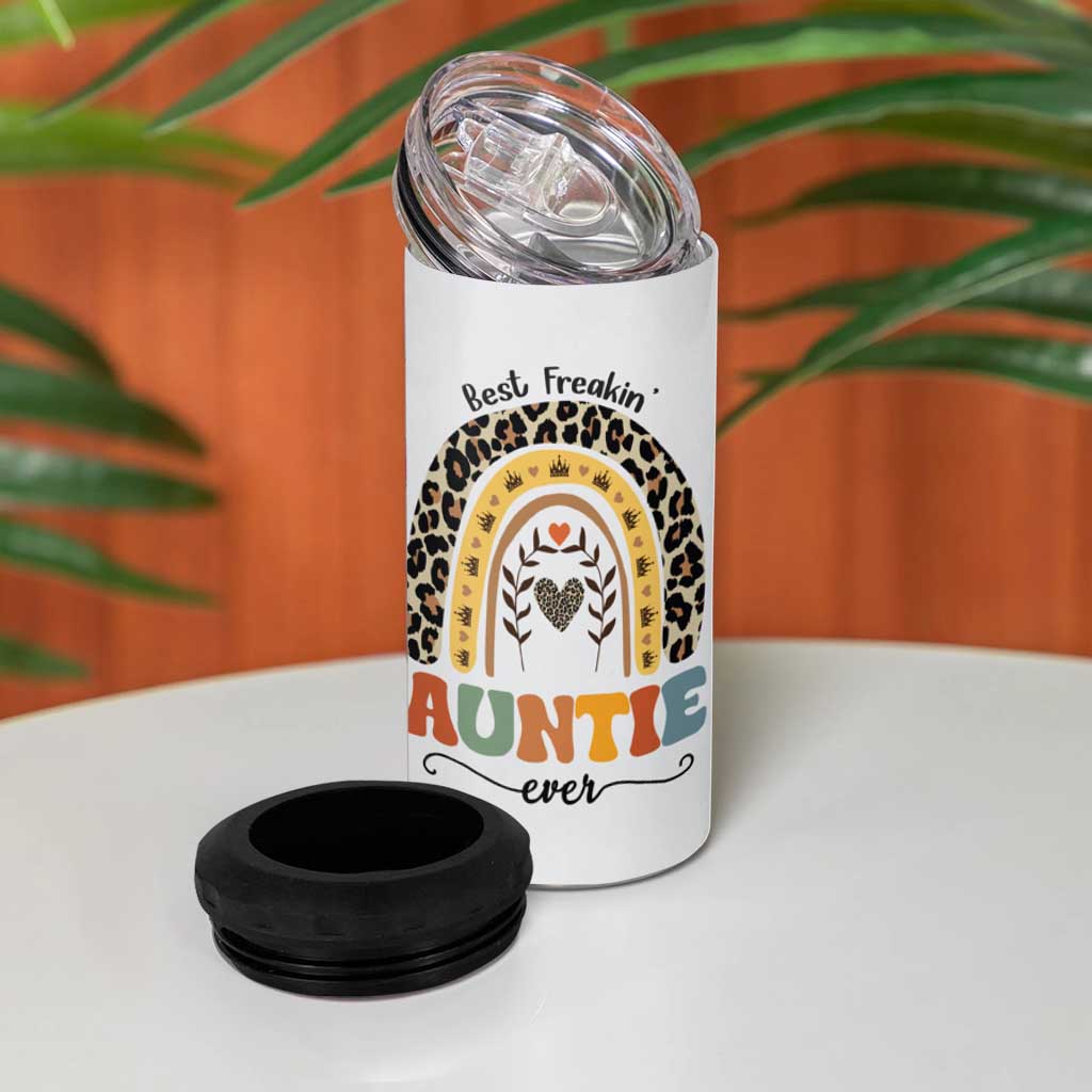 Best Freakin Auntie Ever 4 in 1 Can Cooler Tumbler Funny Aunt Reminder You're Awesome Leopard Rainbow