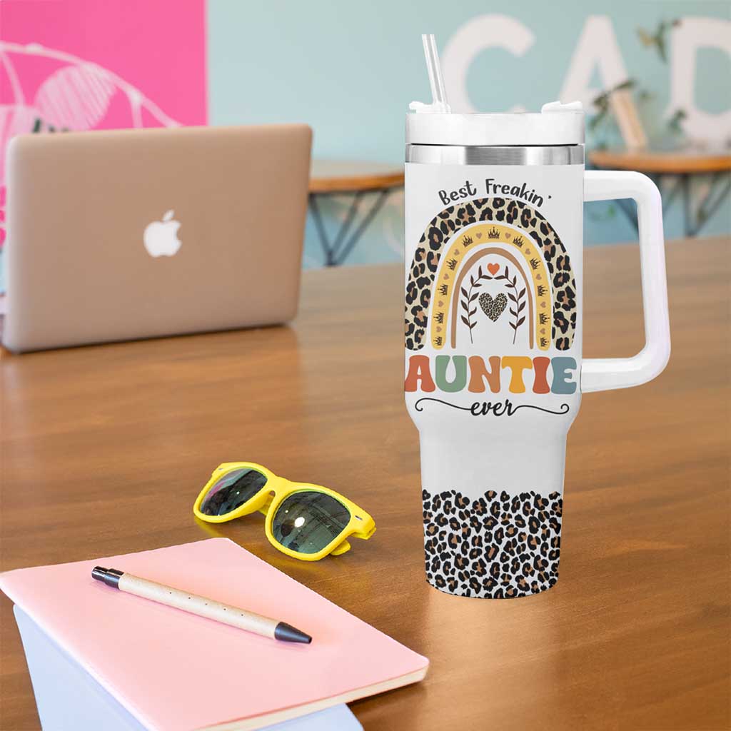 Best Freakin Auntie Ever Tumbler With Handle Funny Aunt Reminder You're Awesome Leopard Rainbow