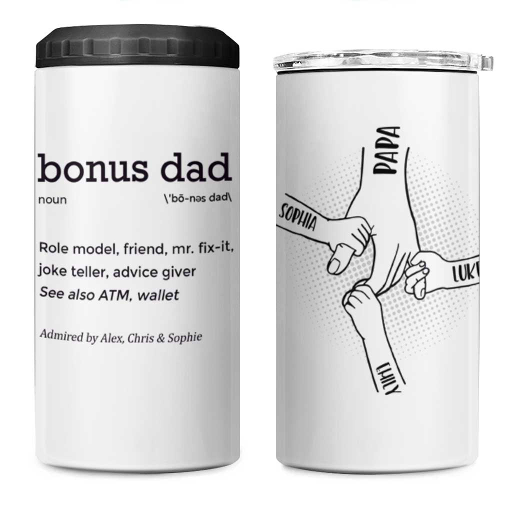 Custom Kids Name Stepdad 4 in 1 Can Cooler Tumbler Bonus Dad Of Three Holding Hands - Wonder Print Shop