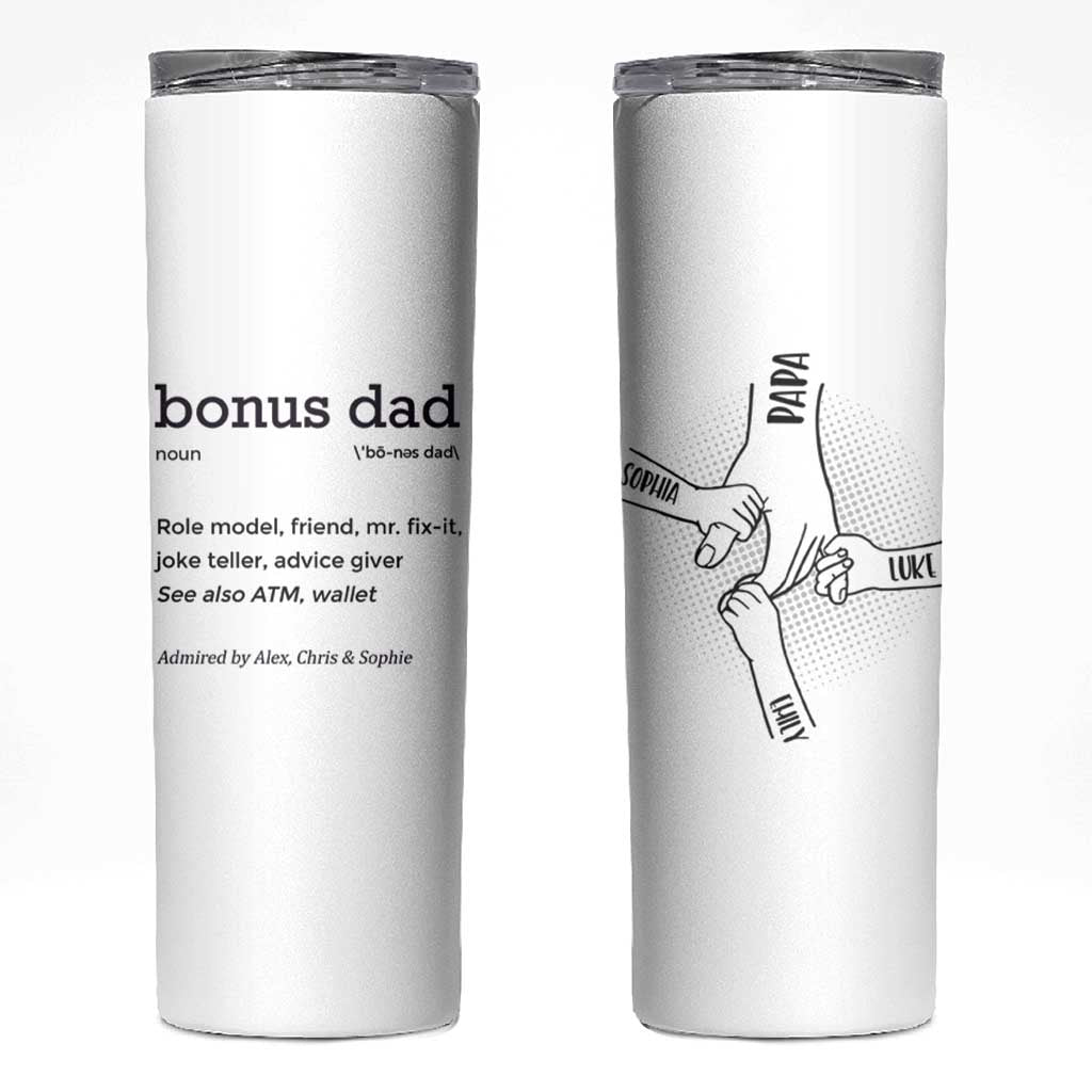 Custom Kids Name Stepdad Skinny Tumbler Bonus Dad Of Three Holding Hands - Wonder Print Shop