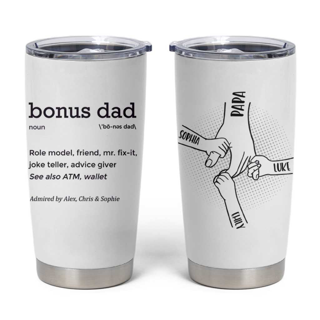 Custom Kids Name Stepdad Tumbler Cup Bonus Dad Of Three Holding Hands - Wonder Print Shop